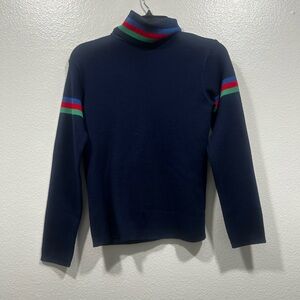 Stylish Navy Turtleneck Sweater with Colorful Stripes